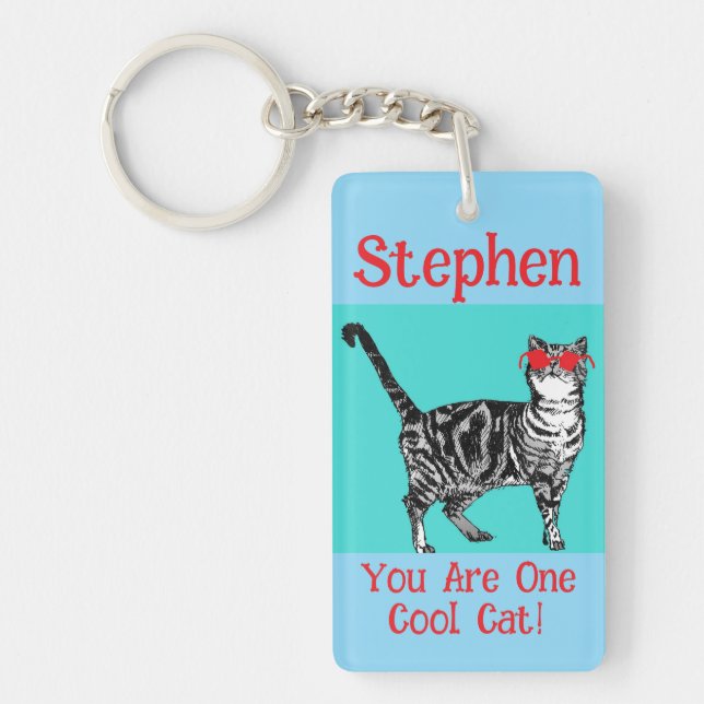 Happy Birthday You Cool Tabby Cat Mens Husband Keychain (Front)