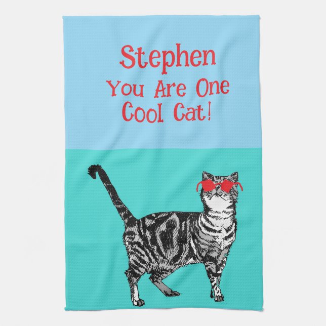 Happy Birthday You Cool Tabby Cat Mens Husband Kitchen Towel (Vertical)