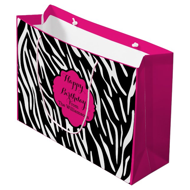 Happy Birthday Zebra Print Hot Pink Gift Bag (Front Angled)