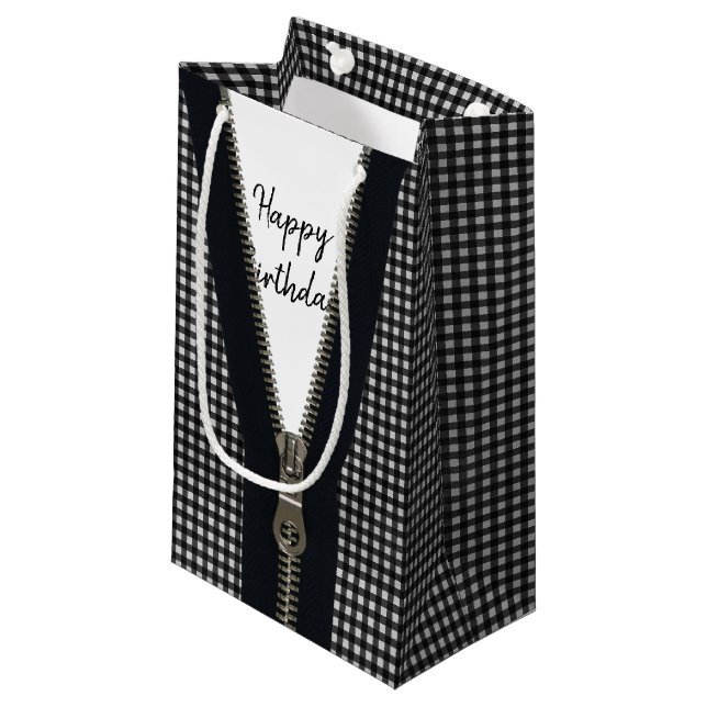 Happy Birthday Zipper On Gingham Small Gift Bag (Front Angled)