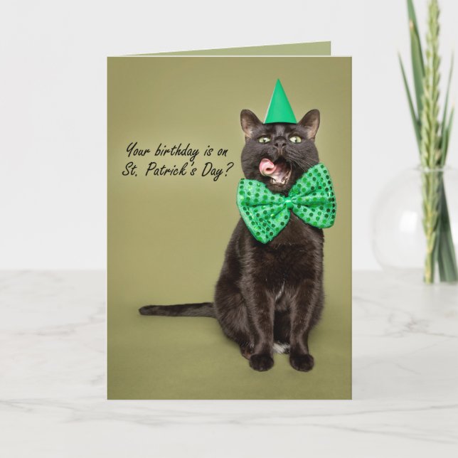Happy Birtthday on St. Patrick's Day Black Cat Holiday Card (Front)