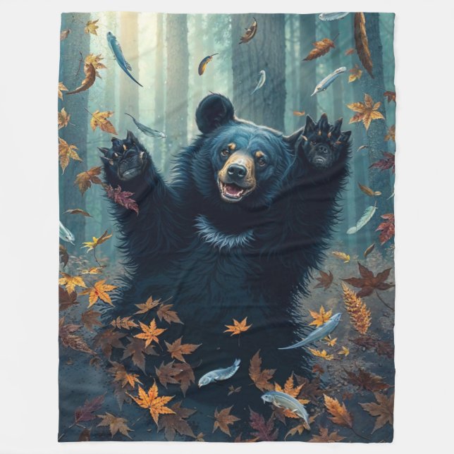 Happy Black Bear Tossing Leaves Fleece Blanket (Front)