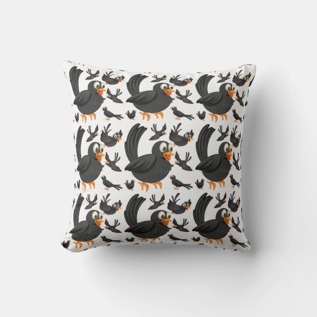 Happy Black Bird Pattern Throw Pillow (Front)