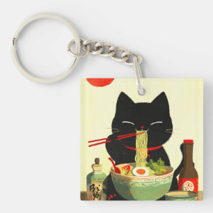 Happy Black Cat Eating Ramen Japanese Ukiyo-e Keychain