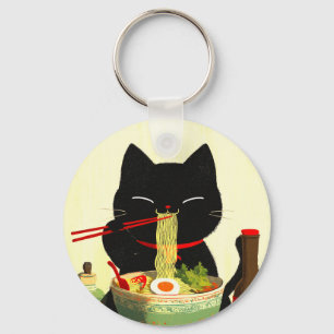 Happy Black Cat Eating Ramen Japanese Ukiyo-e Keychain