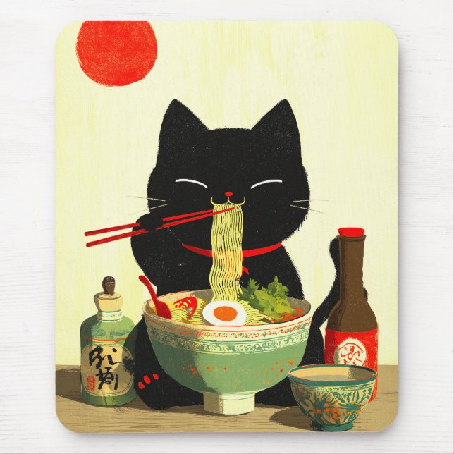 Happy Black Cat Eating Ramen | Japanese Ukiyo-e Mouse Pad (Front)