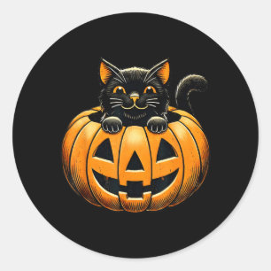 Happy Black Cat In Pumpkin Halloween Costume For Classic Round Sticker