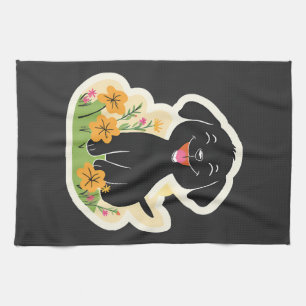 Happy Black Puppy in Wildflowers Kitchen Towel
