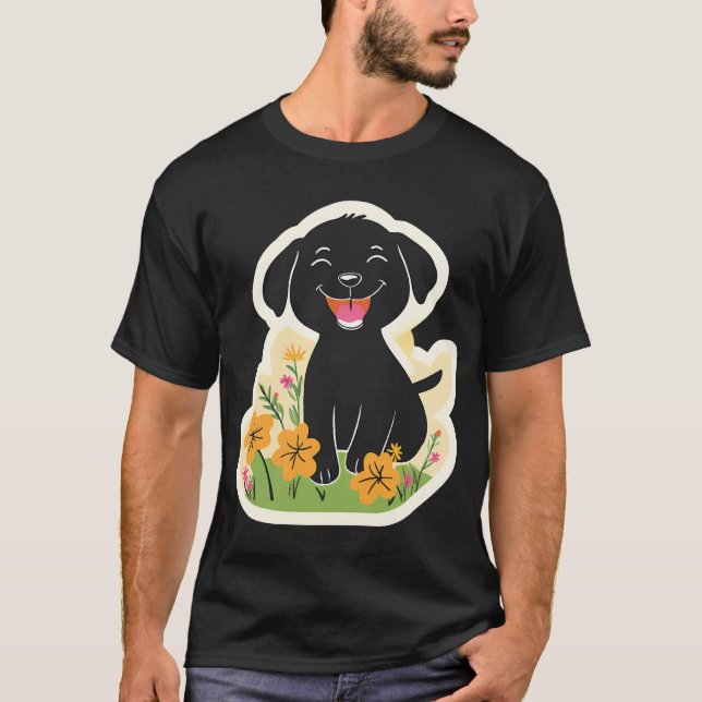 Happy Black Puppy in Wildflowers T-Shirt (Front)