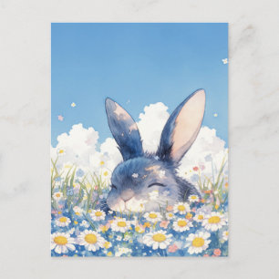 Happy Black Rabbit in Sunny Daisy Meadow Postcard