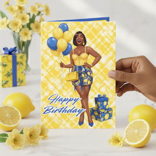 Happy Black Woman Blue & Yellow Lemon Birthday Card