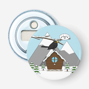 Happy Blackbird Singing in Winter Landscape Bottle Opener
