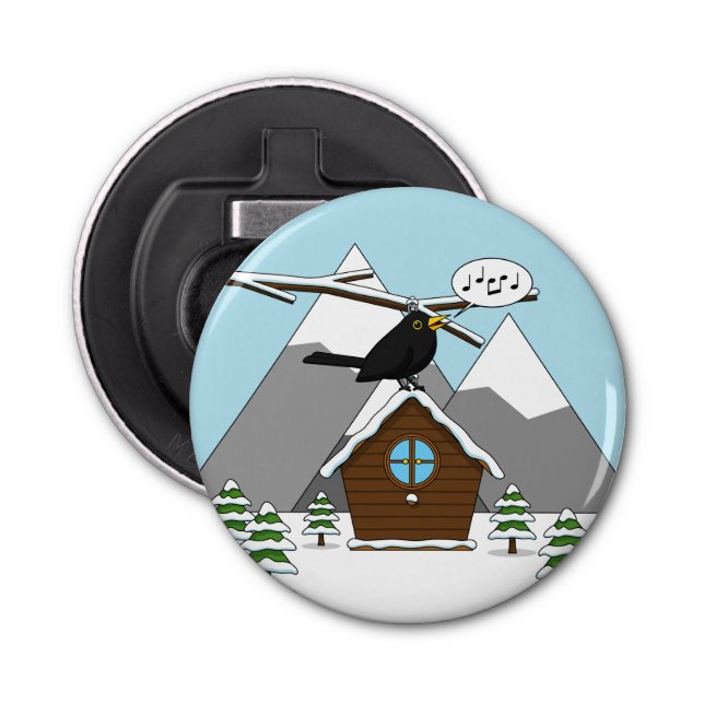 Happy Blackbird Singing in Winter Landscape Bottle Opener (Front)