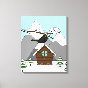 Happy Blackbird Singing in Winter Landscape Canvas Print