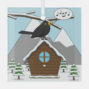 Happy Blackbird Singing in Winter Landscape Glass Ornament