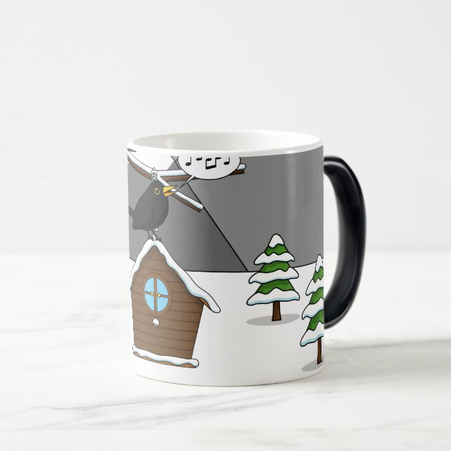 Happy Blackbird Singing in Winter Landscape Magic Mug (Front Right)