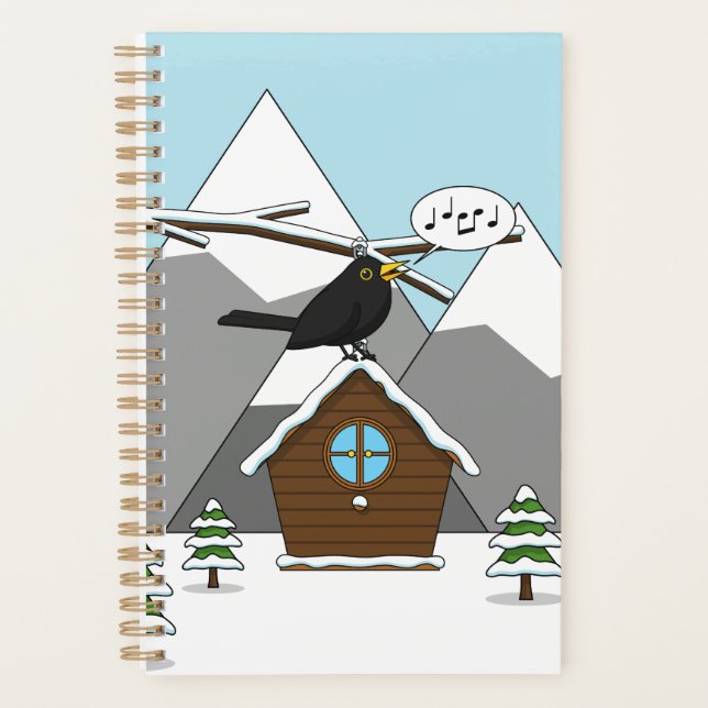 Happy Blackbird Singing in Winter Landscape Planner (Front)