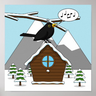 Happy Blackbird Singing in Winter Landscape Poster