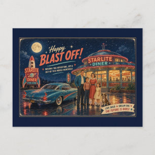 Happy Blast Off Starlite Diner Retro Family Postcard