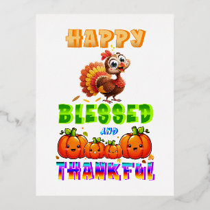 Happy Blessed And Thankful Foil Holiday Postcard