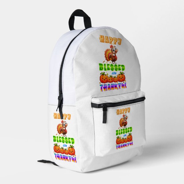 Happy Blessed And Thankful Printed Backpack (Back Corner Left)