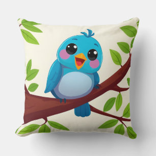 Happy Blue Cartoon Bird – Cute Joyful Nature Gift  Throw Pillow