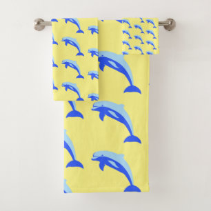 Happy Blue Dolphin, Cute Tropical Ocean Cartoon Bath Towel Set