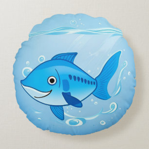 Happy Blue Fish in an Underwater Scene Round Pillow