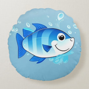 Happy Blue Fish in an Underwater Scene Round Pillow