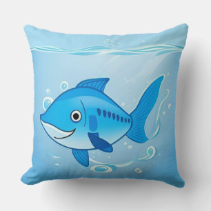 Happy Blue Fish in an Underwater Scene Throw Pillow