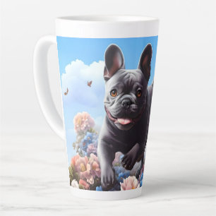 Happy Blue French Bulldog & Flowers  Latte Mug
