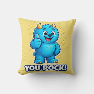 Happy Blue Monster You Rock Golden Starburst Throw Pillow