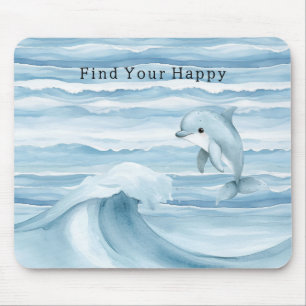 Happy Blue Ocean Dolphin Waves Mouse Pad