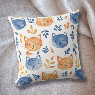 Happy Blue Orange Watercolor Cat Faces Throw Pillow