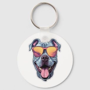 Happy Blue Pitbull Wearing Sunglasses Keychain