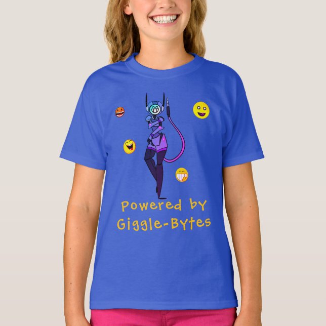 Happy Blue Robot Giggle Fun T-Shirt (Front)