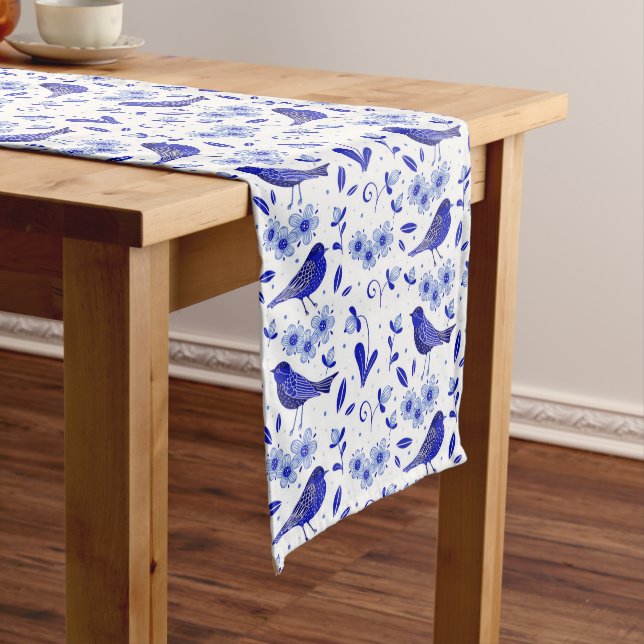 Happy Bluebird Folk Art Pattern Medium Table Runner (In Situ)
