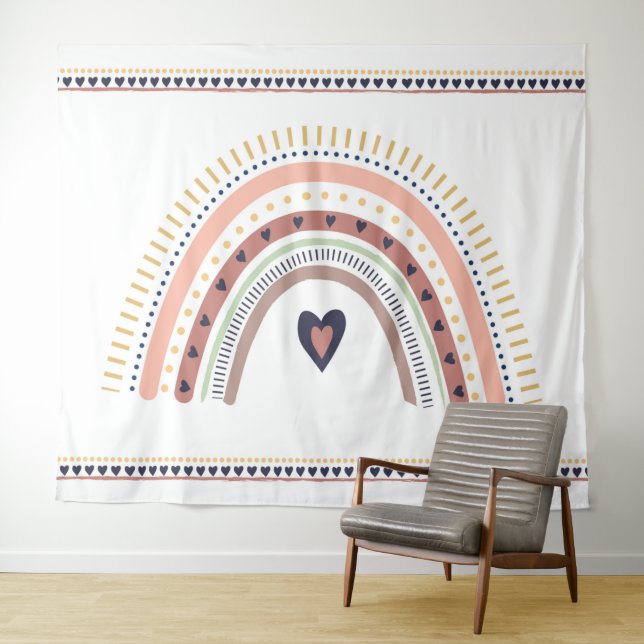 Happy Boho Rainbow Modern Birthday Photo Backdrop Tapestry (In Situ (Horizontal))