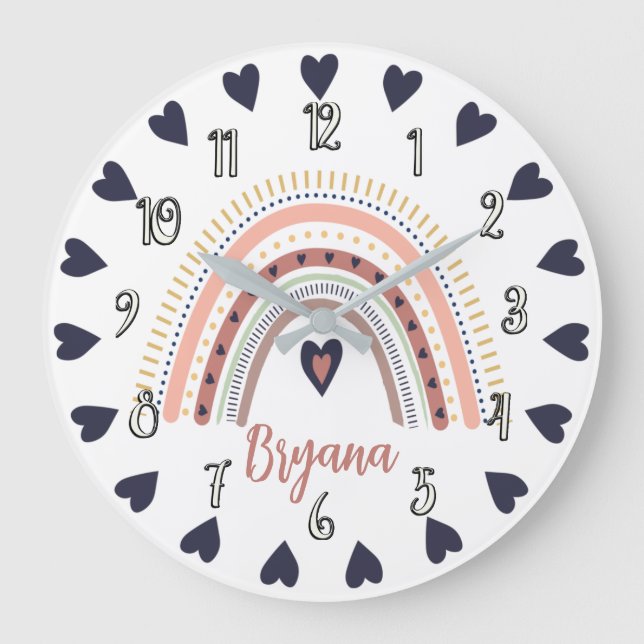 Happy Boho Rainbow Modern Minimal Trendy Chic Large Clock (Front)