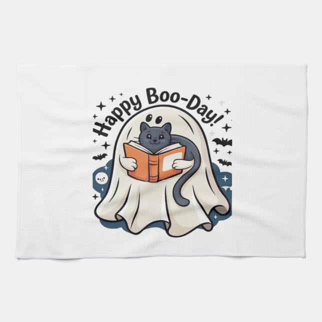 Happy Boo-Day Ghost Cat PNG - Spooky Cute Oversize Kitchen Towel (Horizontal)