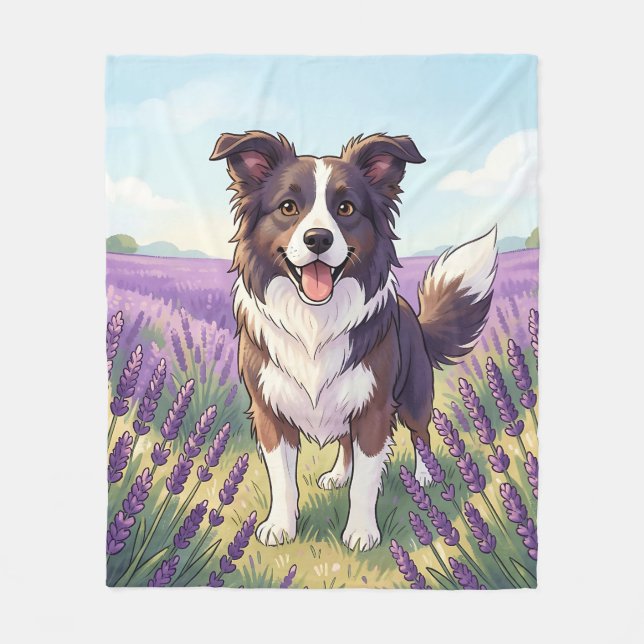 Happy Border Collie Lavender Field Fleece Blanket (Front)