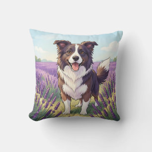 Happy Border Collie Lavender Field Throw Pillow