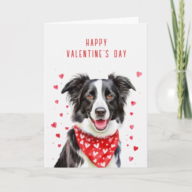 Happy Border Collie Read Heart Bandana Valentine Holiday Card (Front)
