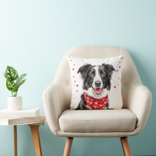 Happy Border Collie with Red Heart Bandana Throw Pillow