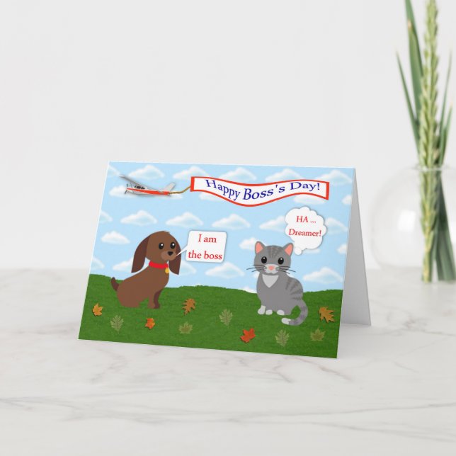 Happy Boss's Day with cat, dog and airplane banner Card (Front)