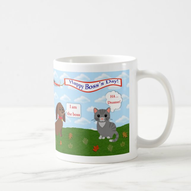 Happy Boss's Day with cat, dog and airplane banner Coffee Mug (Right)