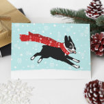 Happy Boston Terrier Winter Snow Christmas Holiday Card<br><div class="desc">A festive holiday drawing of a happy black and white Boston Terrier wearing a red scarf running through the falling snow. The inside message reads “Happy Holidays!” This text can be personalized with your own custom greeting. A perfect holiday card for pet services to customize and send to customers, friends...</div>