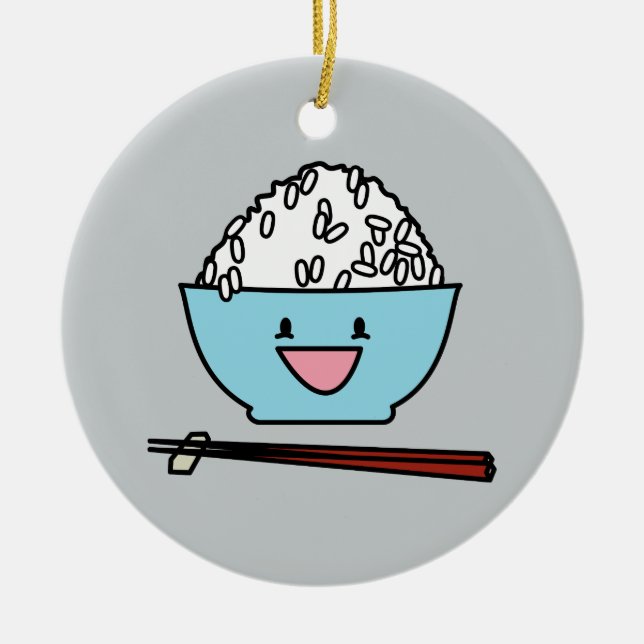 Happy bowl of white rice chopsticks carbs ceramic ornament (Front)