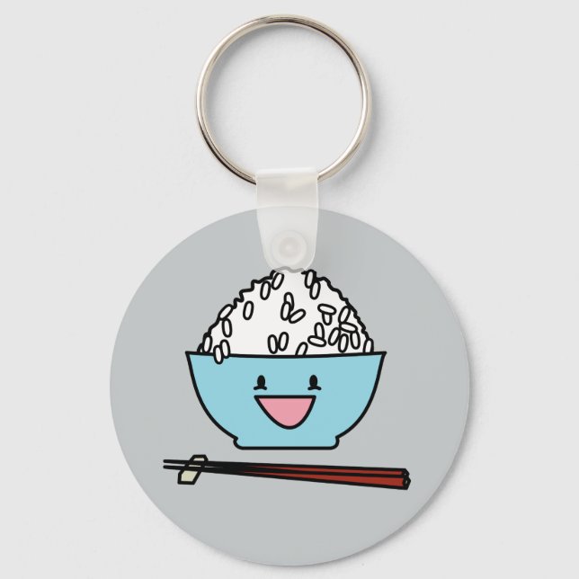 Happy bowl of white rice chopsticks carbs keychain (Front)