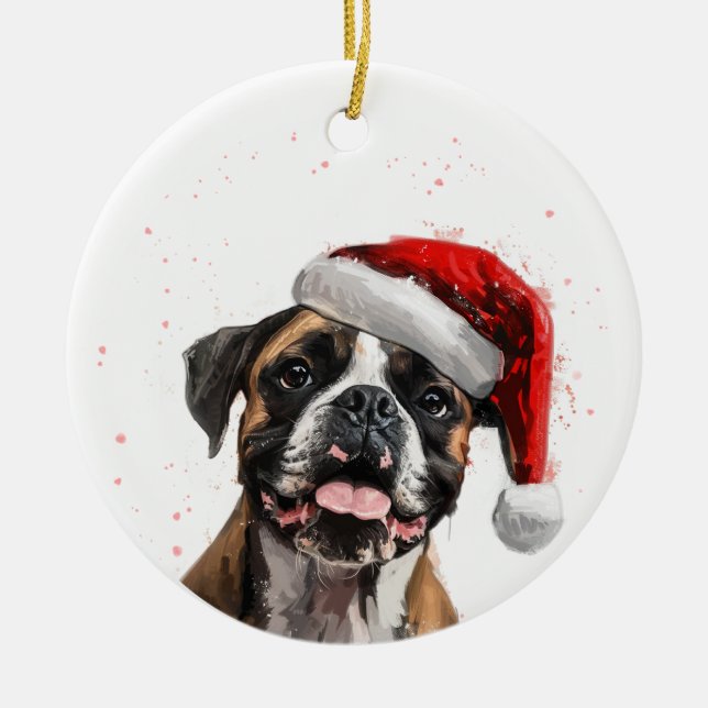Happy Boxer Dog Christmas Personalized Ceramic Ornament (Front)